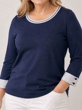 Talbots XL Navy Knit Top Stripe Trim 3/4 Sleeve Cotton Stretch Shirt